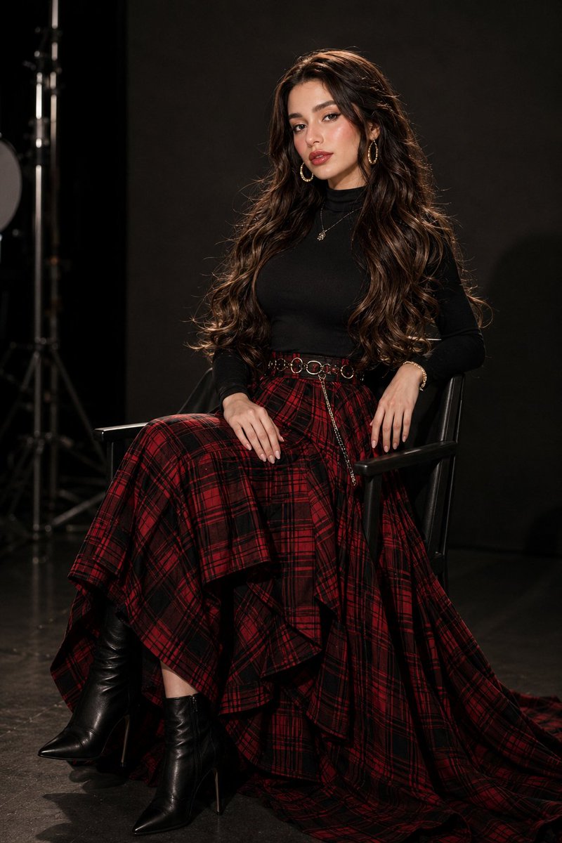 Elegant woman in checkered skirt sits confidently in moody studio light