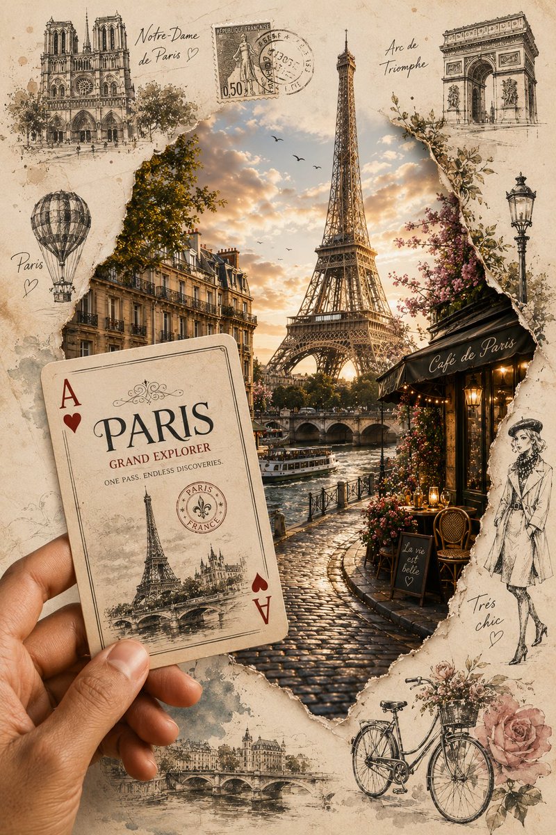 A hand holds a Paris card revealing the Eiffel Tower