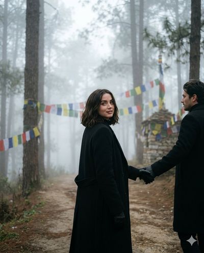 Woman leads husband through misty Himalayan pine forest