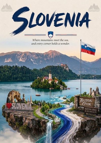 Slovenia's Lake Bled and Triglav glow under a golden sunset