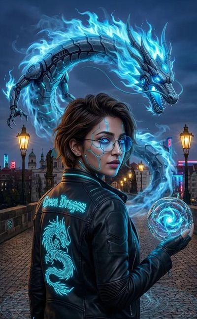 Cyberpunk girl with blue circuits looks back at a holographic dragon