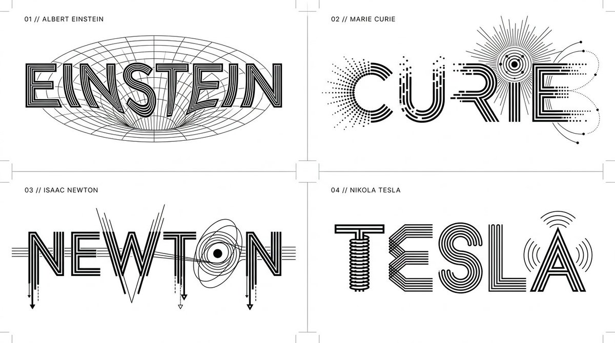 Four scientists' names transformed into geometric wordmarks on a 2x2 grid