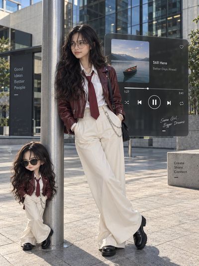 Urban Fashion Portrait With Miniature Twin Leaning On Silver Pole