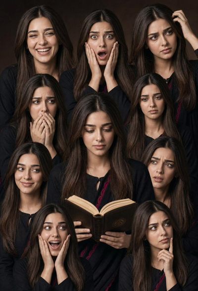 A woman's multiple emotions crowd around her calm reading portrait