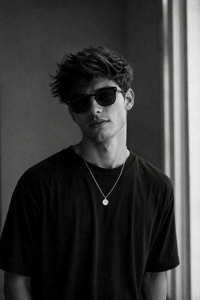 Young man in oversized black sunglasses by window in monochrome