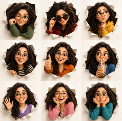 A cute 3D animated character expression sheet in grid