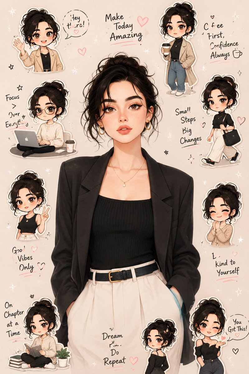 A stylish woman poses with cute chibi stickers in pastel tones