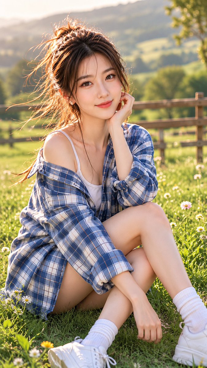 A young woman sits calmly in golden meadow sunlight