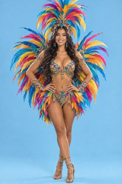 Brazilian Samba Dancer Poses Joyfully in Vibrant Carnival Costume