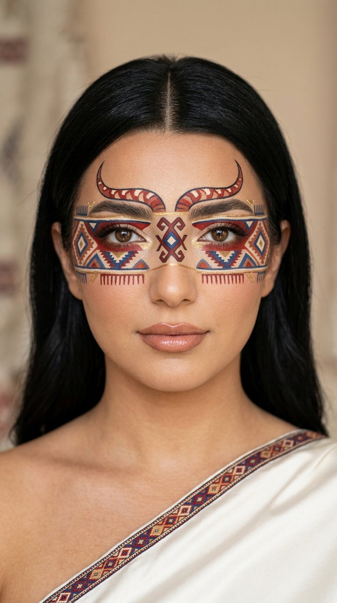Anatolian kilim motifs transform a model's face into woven art