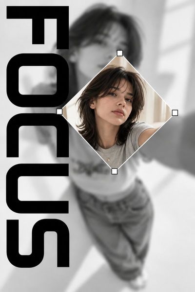 Blurred selfie contrasts with sharp diamond portrait in black and white poster