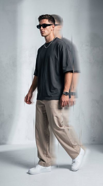 Confident model in oversized black tee strides through white studio