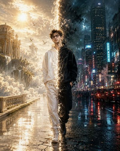 South Asian man stands between heavenly clouds and neon city chaos