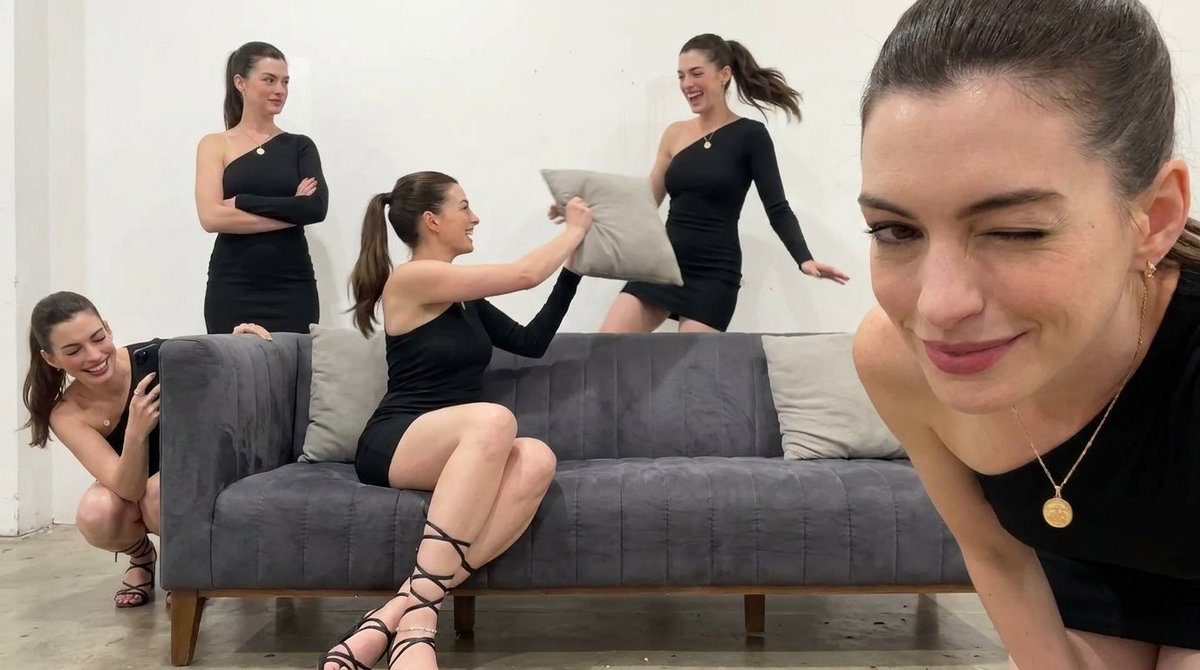 Six identical women create playful chaos in a single room