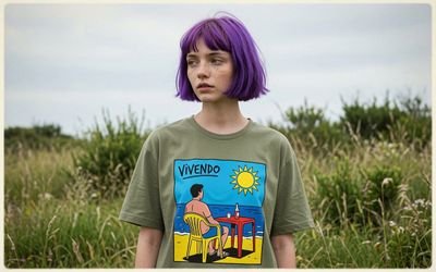 Man in olive tee stands in meadow wearing Vivendo graphic