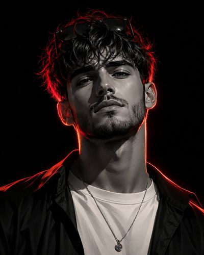 Low-angle portrait of a man with neon red rim lighting