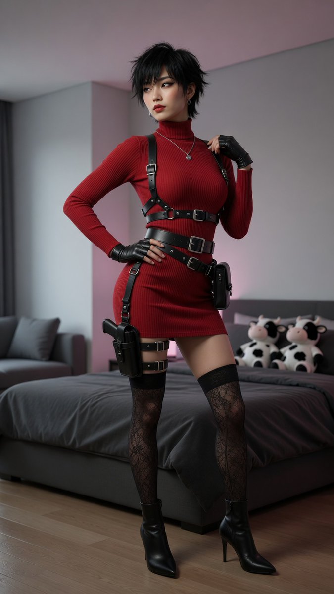East Asian woman in red dress adjusts leather harness in bedroom