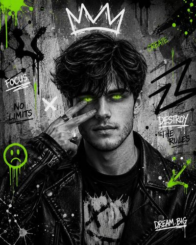 Bearded man in leather jacket touches neon green eyes