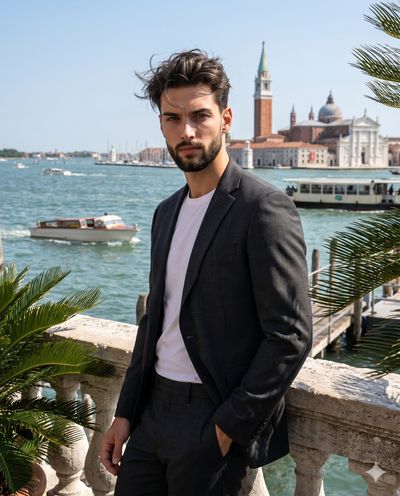 A stylish man in a suit leans against a stone balustrade