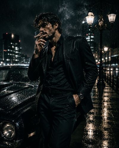 A rugged man lights a cigar outside a vintage whiskey bar