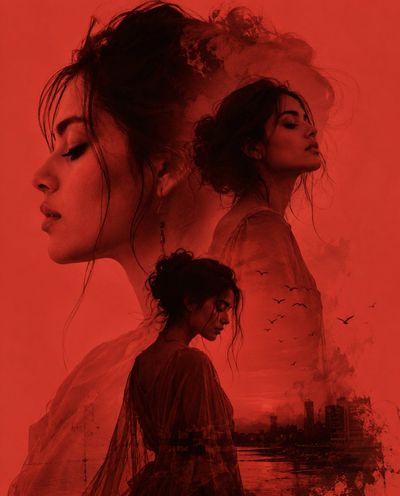 A melancholic woman in red gazes into the past