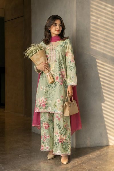 Young woman in floral green outfit poses by sunlit gray wall