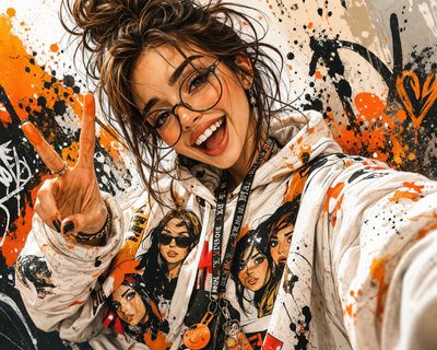 Energetic Portrait of a Young Woman in Vibrant Street Art Style