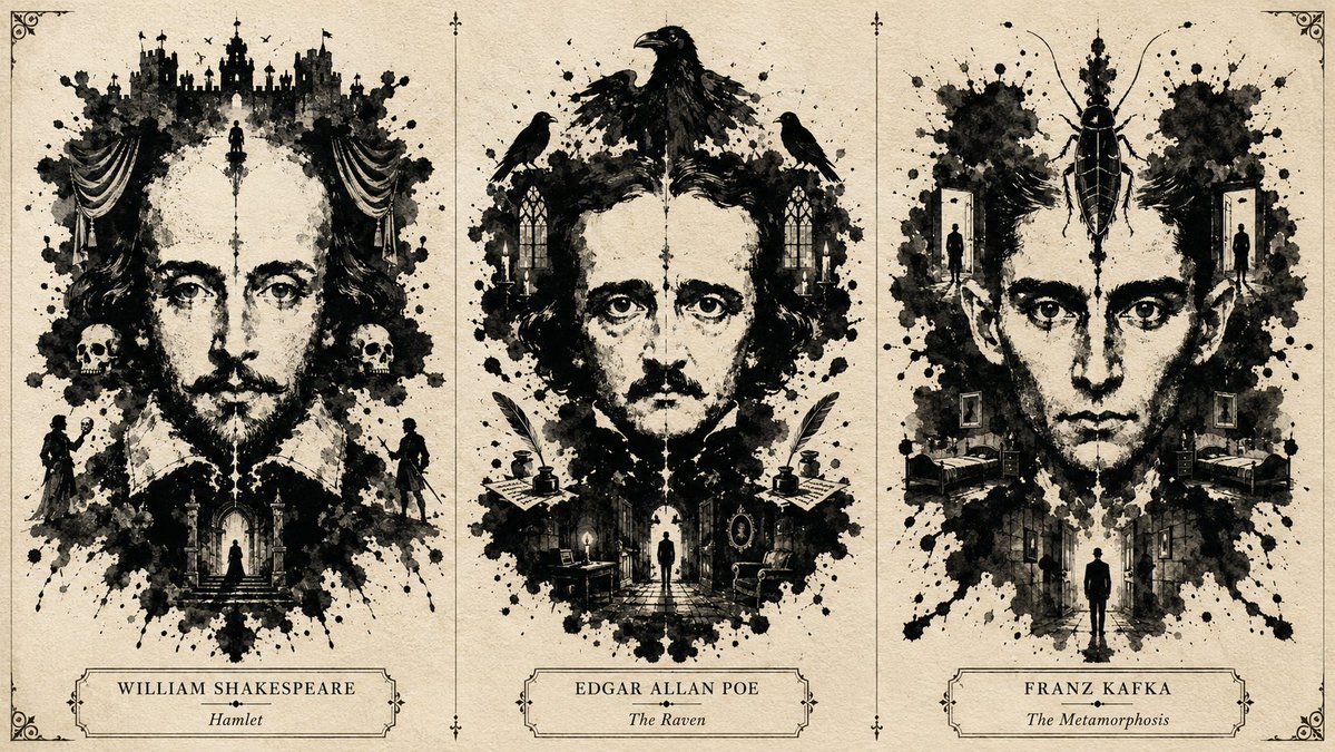 Three literary giants emerge from inkblots in symmetrical portraits