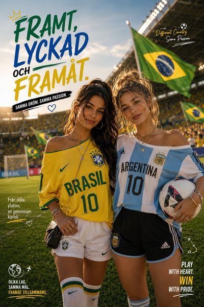 Two female fans in Brazil and Argentina jerseys pose on field