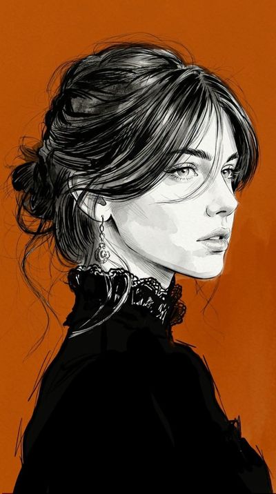 Fashion sketch with orange background and monochrome ink strokes.