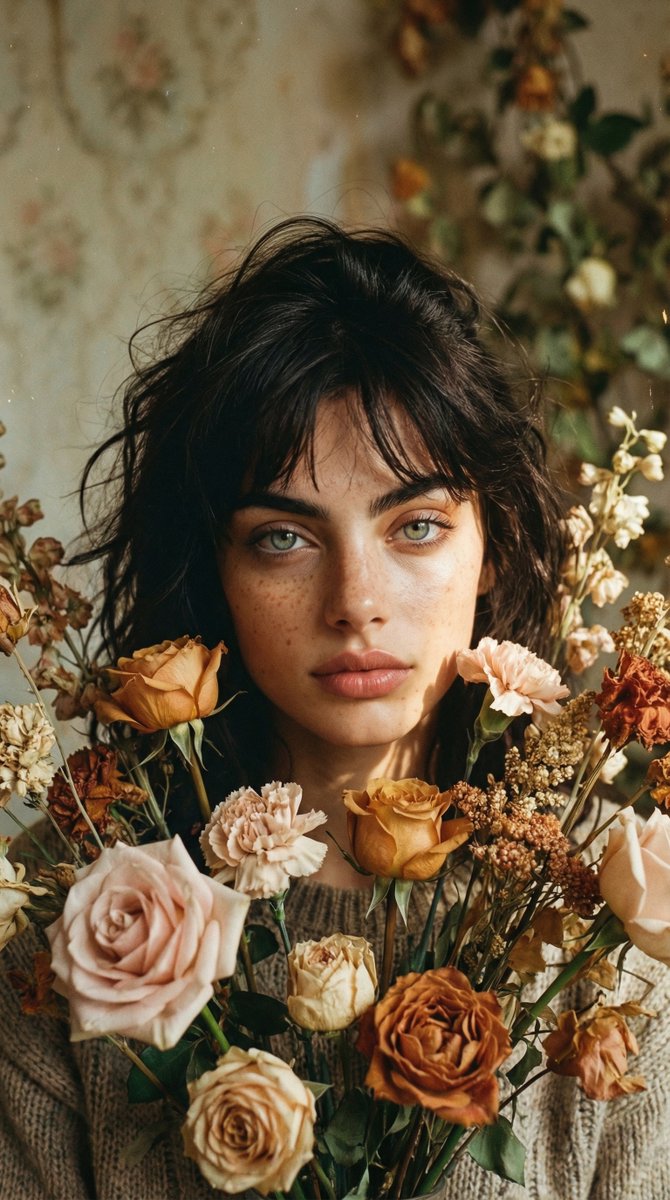 Nostalgic Floral Embrace: A Dreamy Autumn Portrait