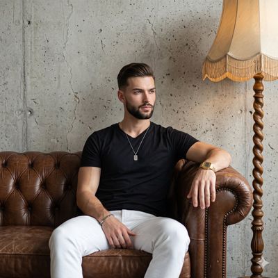 A bearded man in black shirt sits thoughtfully on vintage leather sofa