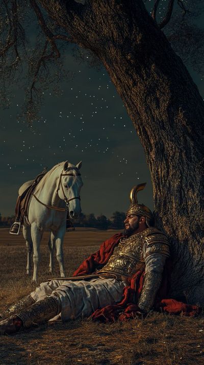 A Persian general sleeps beneath a tree under moonlight sky