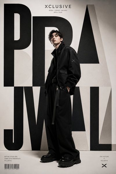 Prajwal typography towers over a model in monochrome luxury streetwear