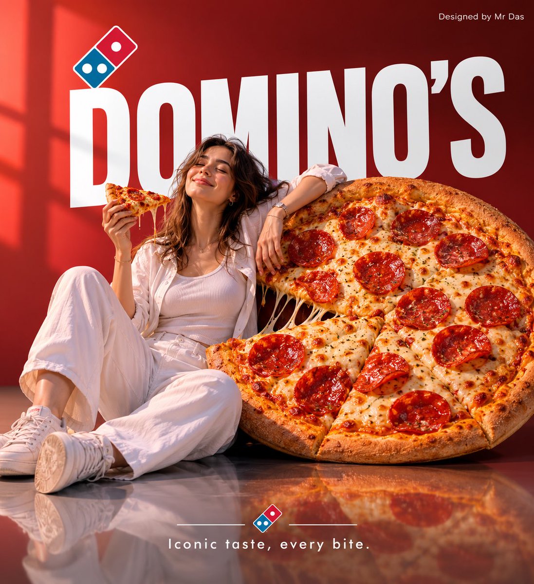 Woman in white leans against giant Domino's pizza