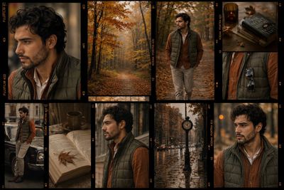 A brooding man in autumn frames a film contact sheet collage