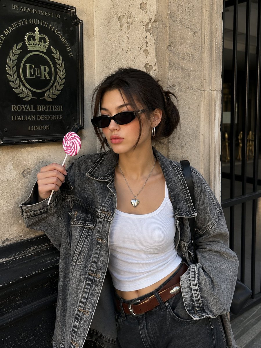 Korean woman in denim jacket poses with lollipop against vintage wall