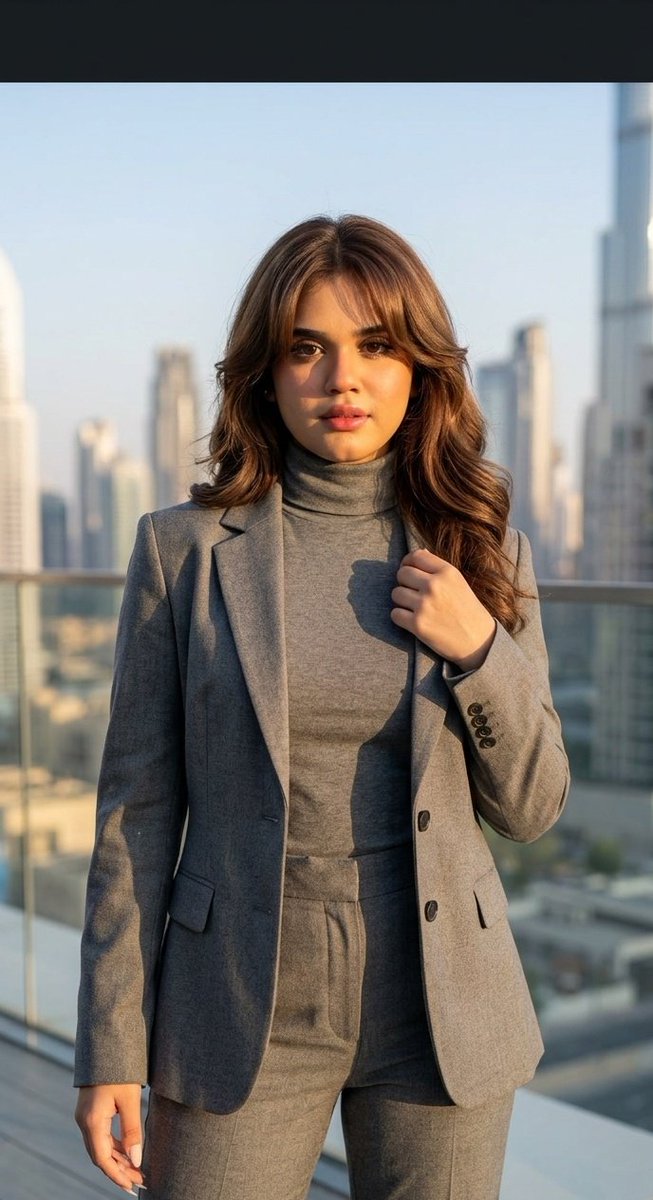Confident woman in grey pantsuit poses on rooftop at golden hour