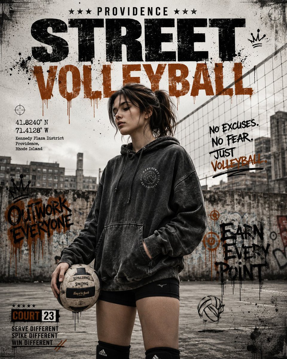 Confident volleyball player stands on gritty urban court in hoodie