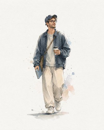 A stylish young man walks confidently holding coffee and a book.