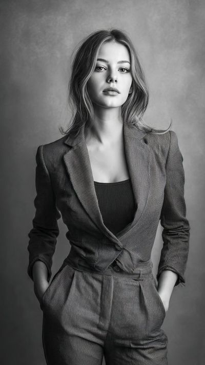 Confident woman in patterned blazer poses for studio portrait