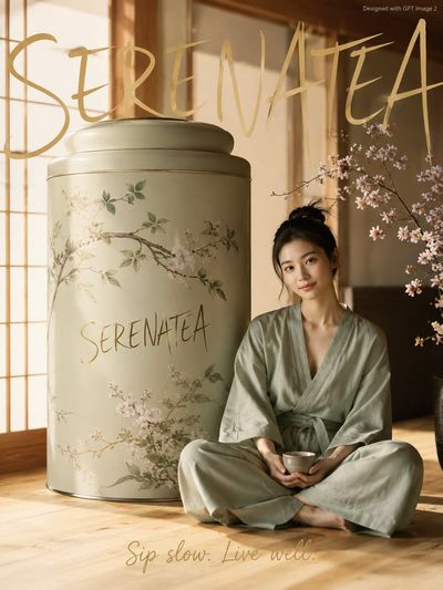 A serene woman in sage green kimono sits beside giant tea tin
