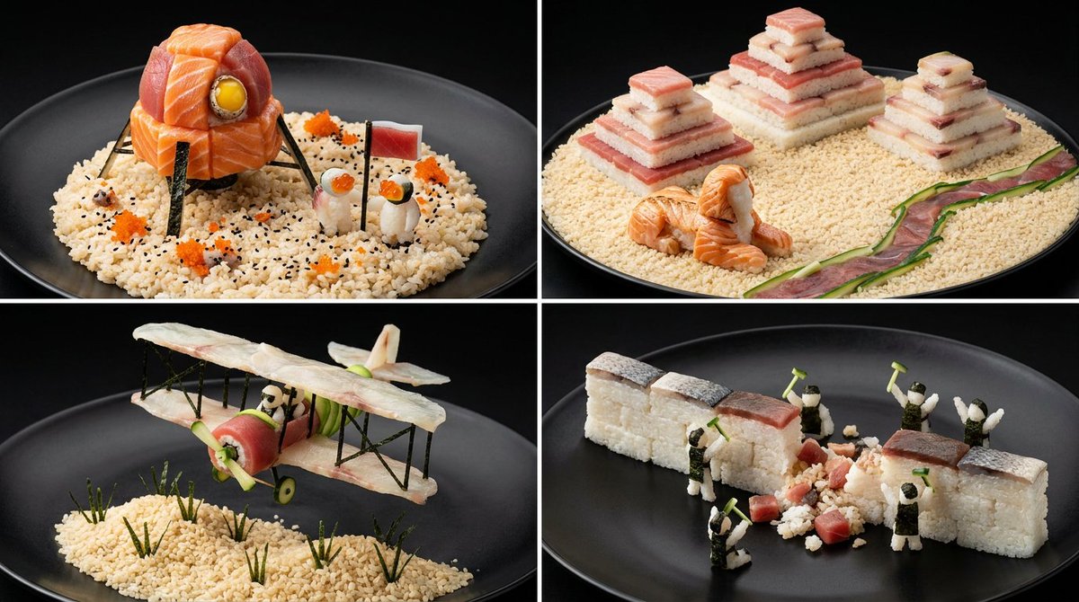 Salmon sashimi recreates the moon landing on a black plate