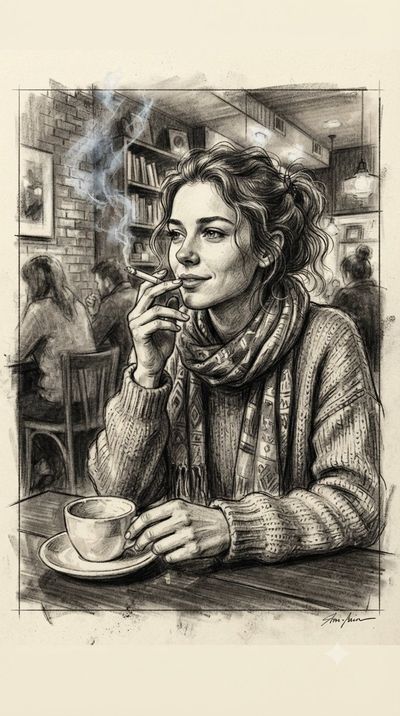 Elegant young woman smokes in a charcoal cafe portrait