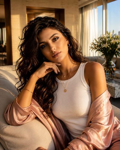 Woman in blush satin shirt poses elegantly on cream sofa
