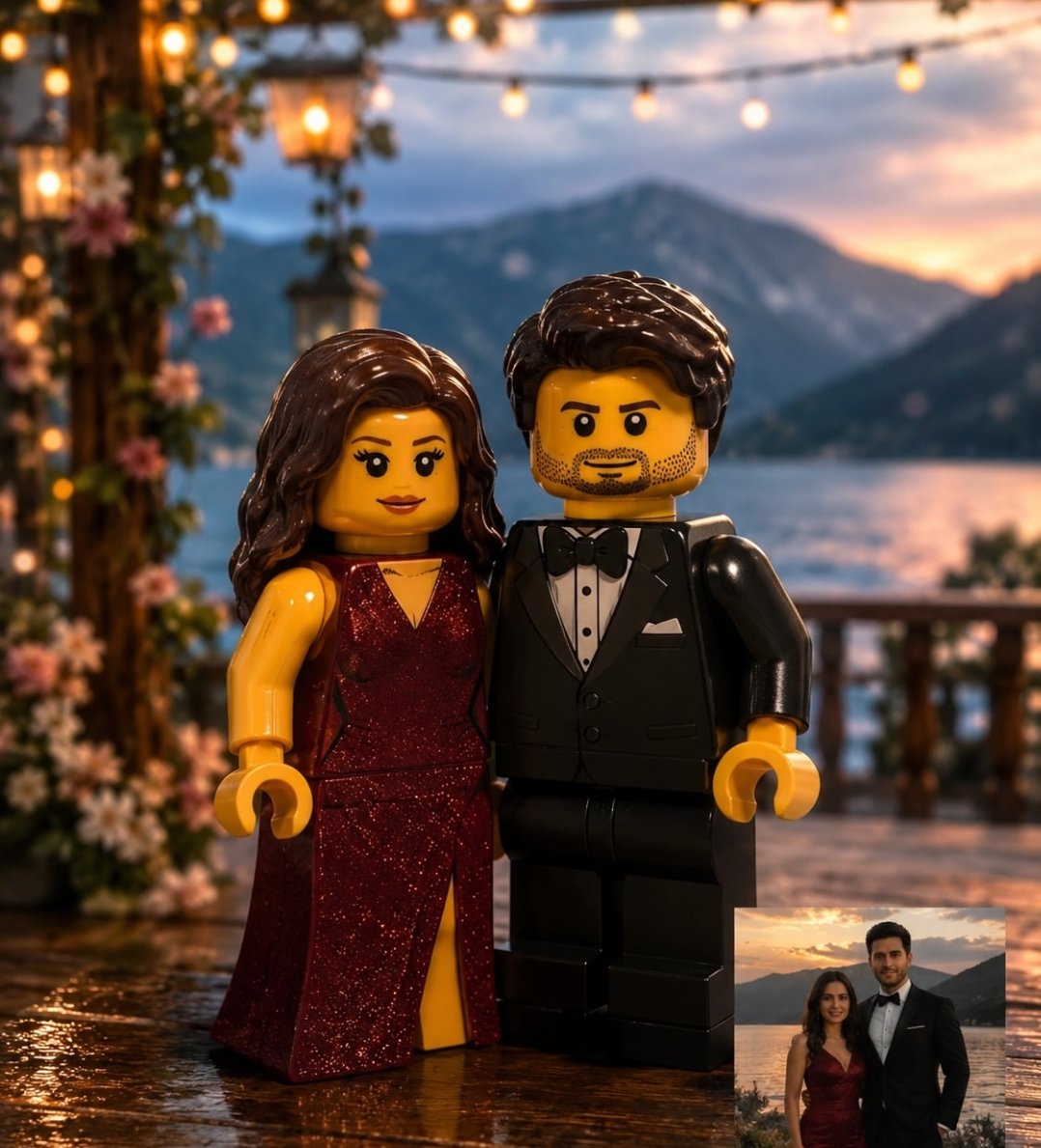 Lego couple poses on a sunset lakeside terrace