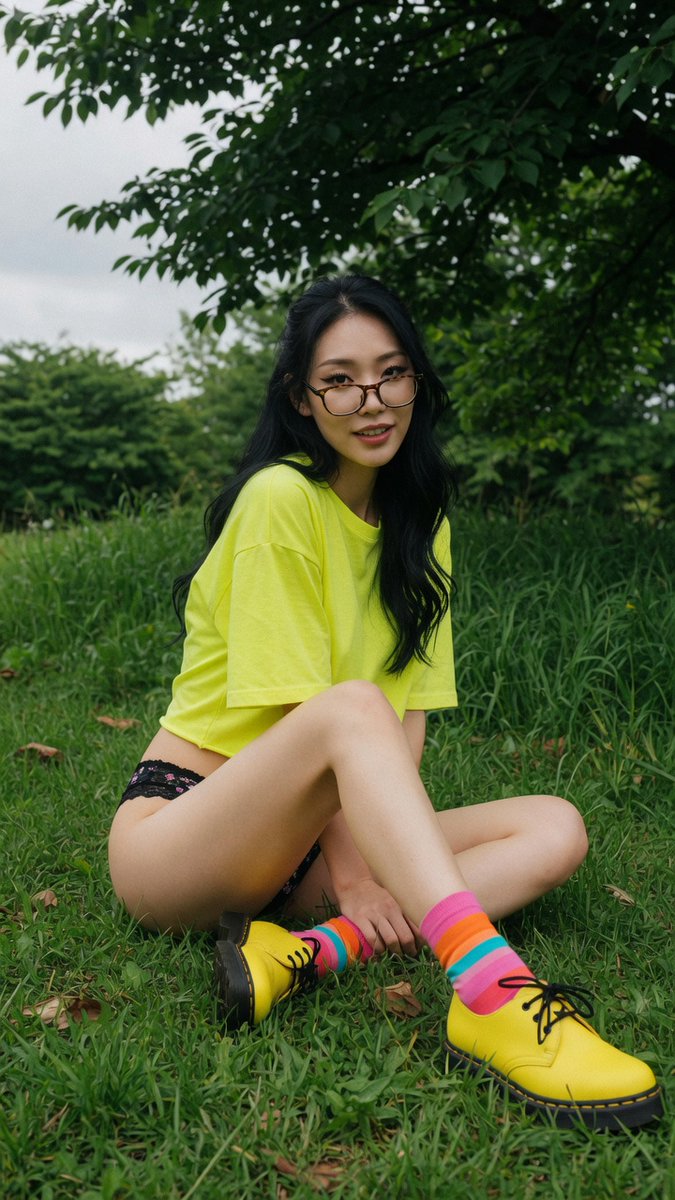 A seductive woman in neon yellow boots poses under a tree canopy