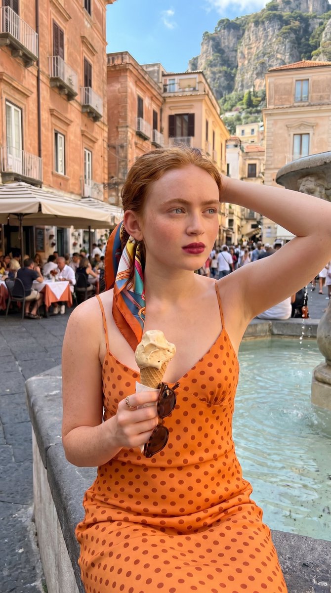 Tourist enjoys gelato in sunlit Italian piazza on Amalfi