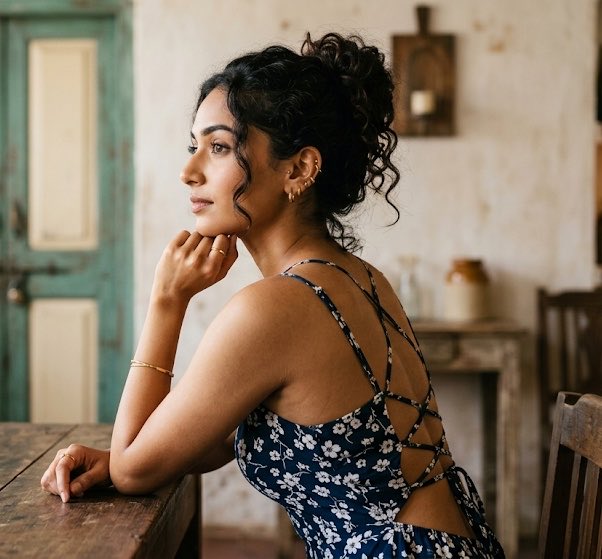 Young woman in floral dress contemplates in vintage cafe light