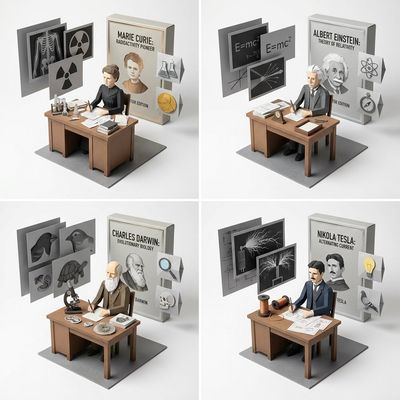Kirigami scientists craft layered paper dioramas at wooden desks